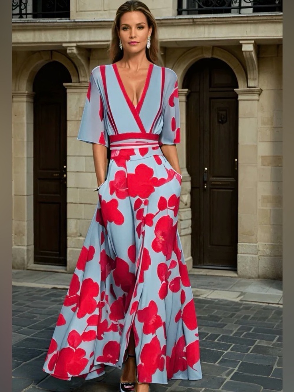 Blue Maxi Dress with Bold Red Floral Print